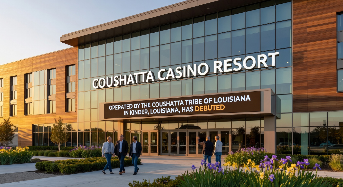 Interior shot of the Legacy Tower lobby at Coushatta Casino Resort, showcasing Coushatta basketry-inspired designs and the towering seven-story LED screen in the background